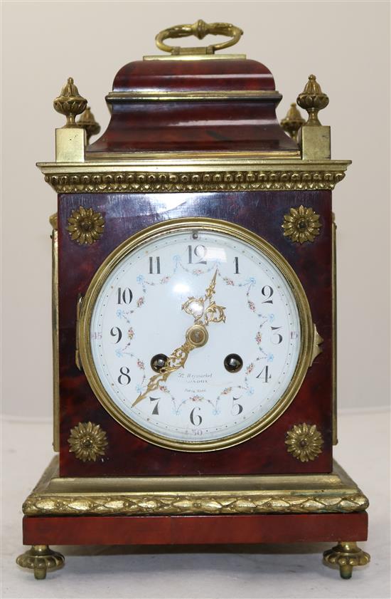 A Victorian ormolu mounted tortoiseshell mantel clock, 11.5in.